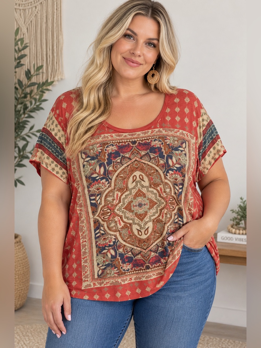 Lucky Brand Red Boho Medallion Print Tee 2X Multicolor Paisley
